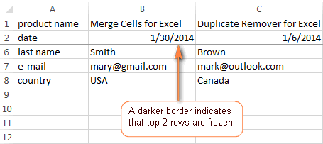 A darker border indicates that top 2 rows are frozen.