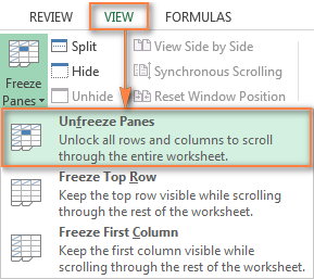 Unfreeze panes in Excel