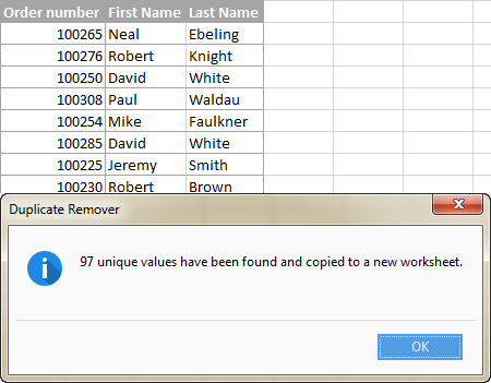 Unique values and 1st duplicate occurrences are copied to a new worksheet.