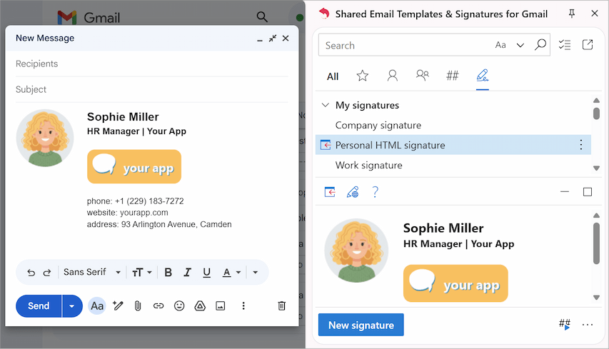 Inserting a signature directly into a Gmail message.