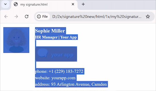 Copying the rendered signature from the browser.