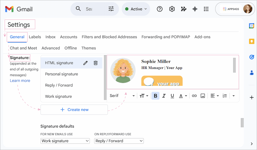 Pasting the HTML signature into Gmail settings.