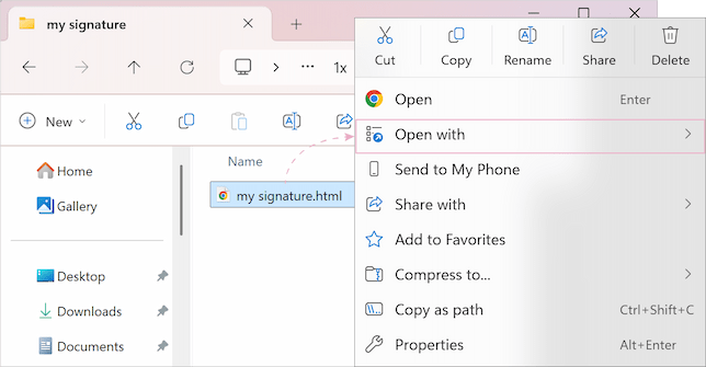 Opening an HTML file to render the signature.