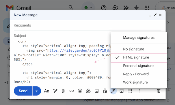 HTML signature pasted into Gmail's signature editor