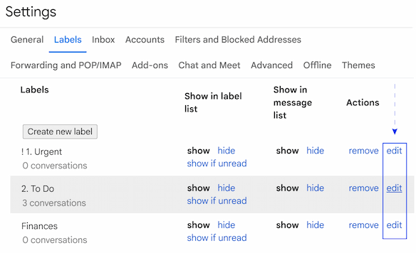 Click Edit in the Actions column in Gmail settings. Click Edit in the Actions column in Gmail settings.