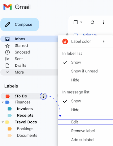 Select Edit from the dropdown menu to rename a label. Select Edit from the dropdown menu to rename a label.