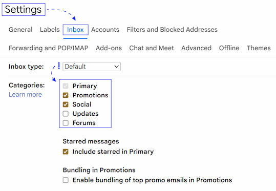 The Categories section in Gmail settings where you can enable or disable tabs. The Categories section in Gmail settings where you can enable or disable tabs.