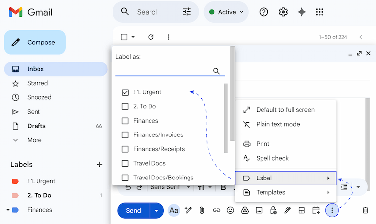 Applying a label to an outgoing email via the compose window menu. Applying a label to an outgoing email via the compose window menu.