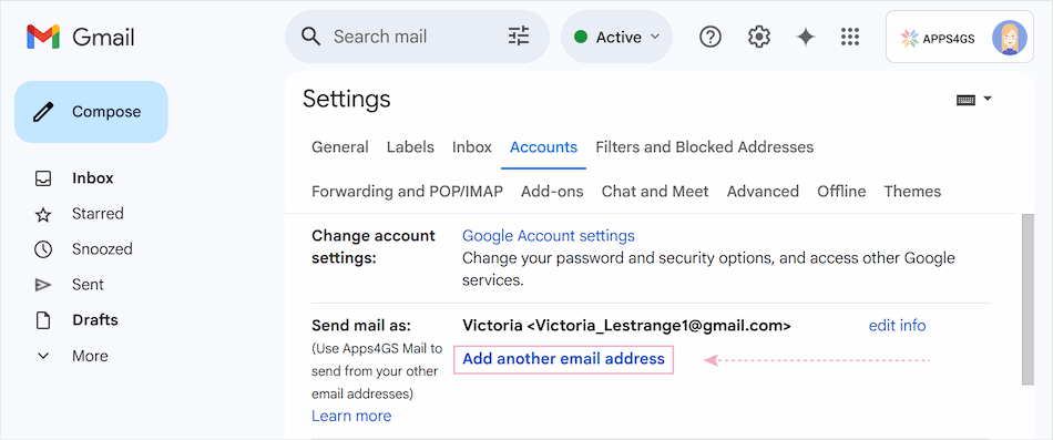 Send mail as section with Add another email address button highlighted.