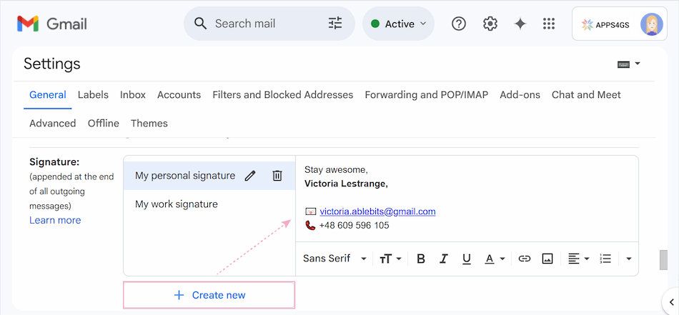 The editor with another variant for the signature and the Create new button.