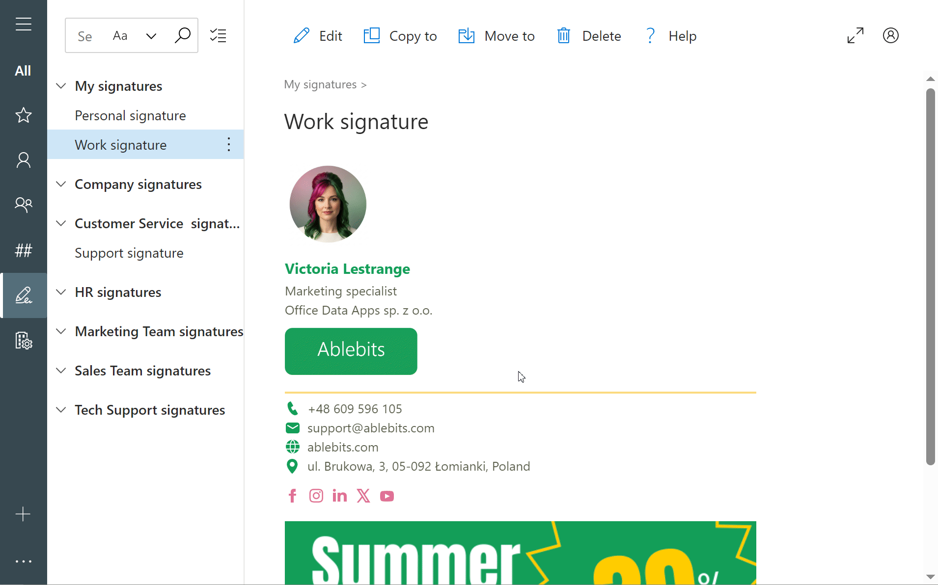 Advanced editor showing color themes, layouts, contact fields, etc.