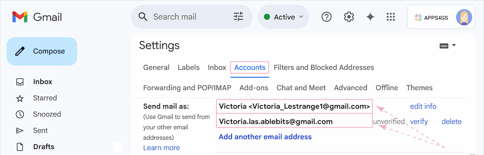 Verified addresses appear beside the Send mail as section.