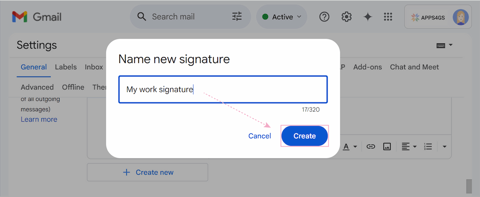 A pop-up Name new signature with the Create button.