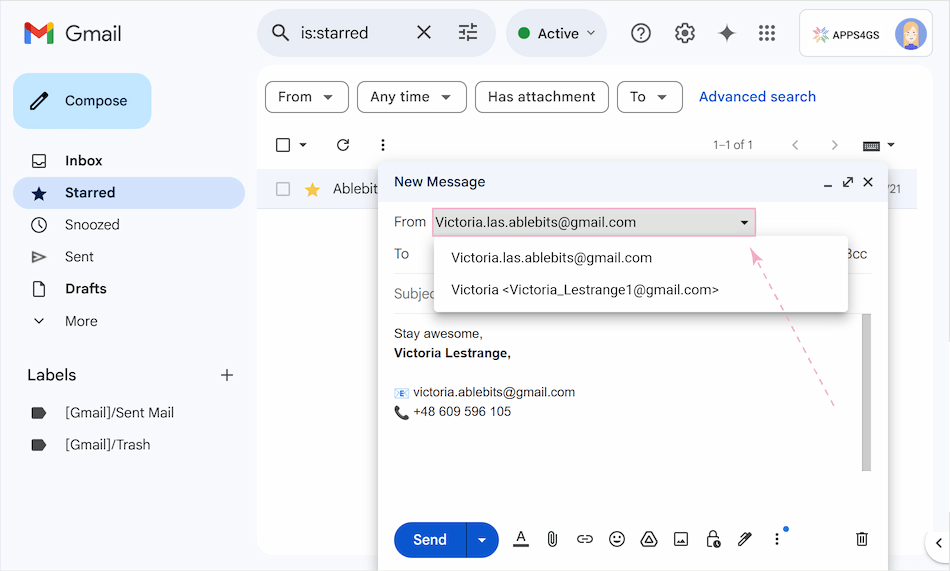 Gmail compose window showing the From dropdown menu, where users can select their desired sending address.