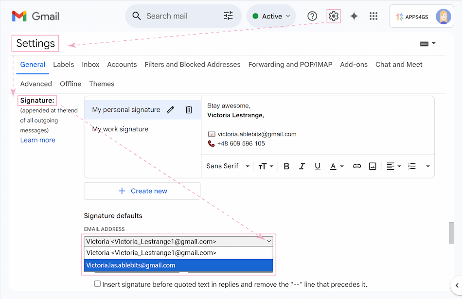 Signature section displaying a dropdown menu for selecting email accounts.