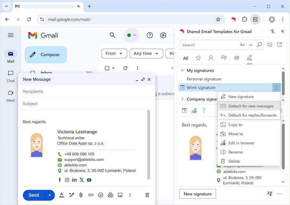 Menu options include Set as default for new emails, replies, or forwards.