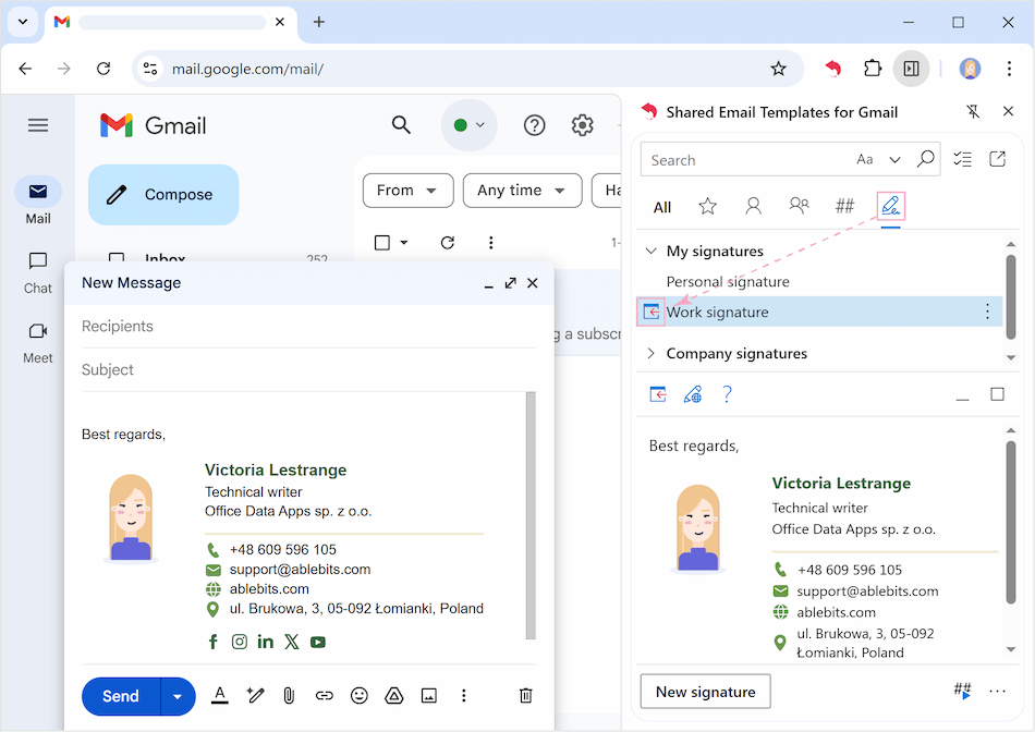 Saved multiple signatures for one-click insertion into emails.