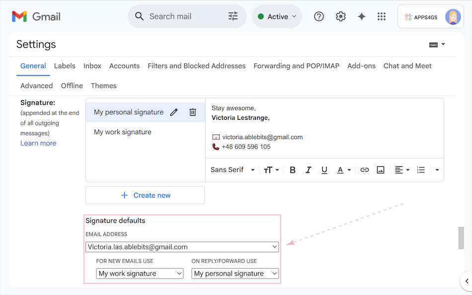 Gmail's configured default signatures for different email addresses.