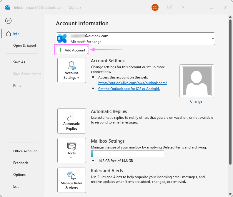 Add a new account in Outlook.