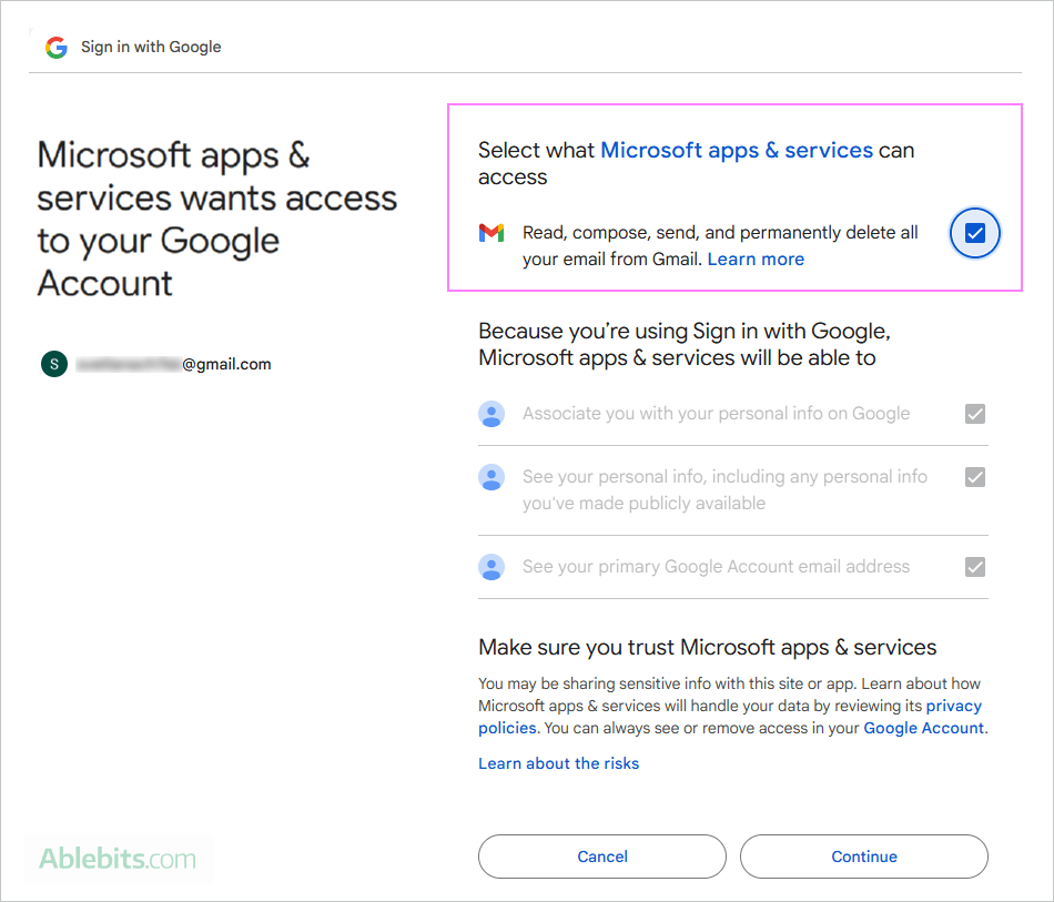 Allow Microsoft apps to access Gmail.