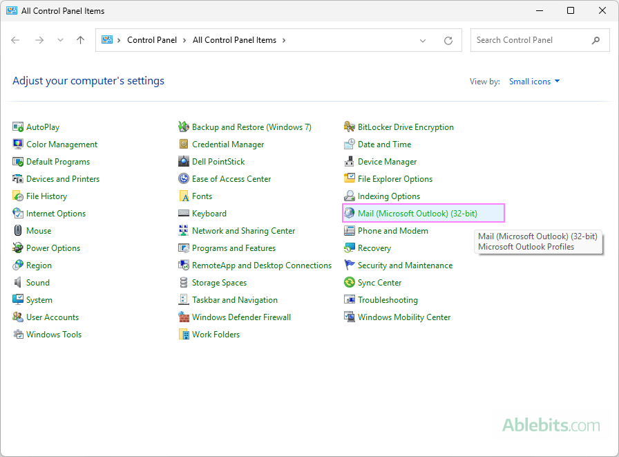 In the Control Panel, click Mail (Microsoft Outlook).