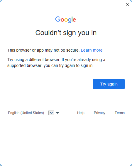 Couldn't sign you in – this browser or app may not be secure.