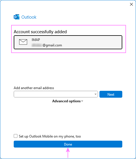 A Gmail account is successfully added to Outlook.