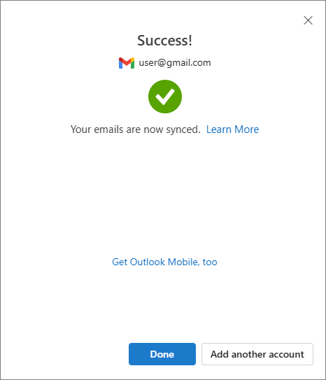 Successful syncing of the Gmail account to Outlook is confirmed.