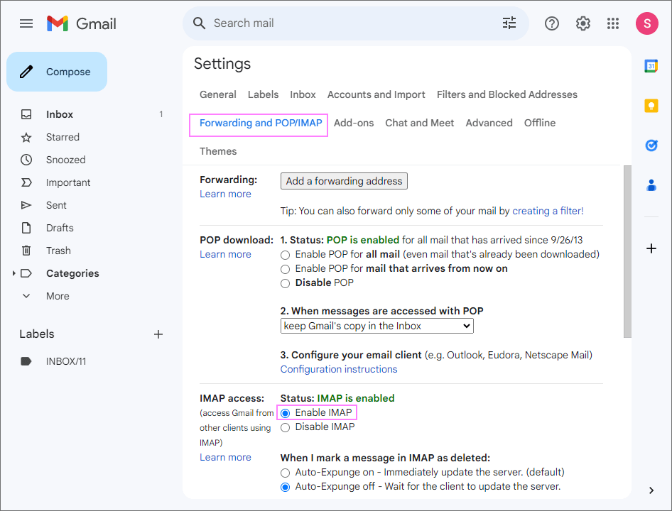 Enable IMAP access in Google.