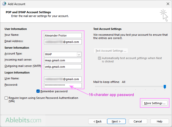 Configure the Gmail account settings.