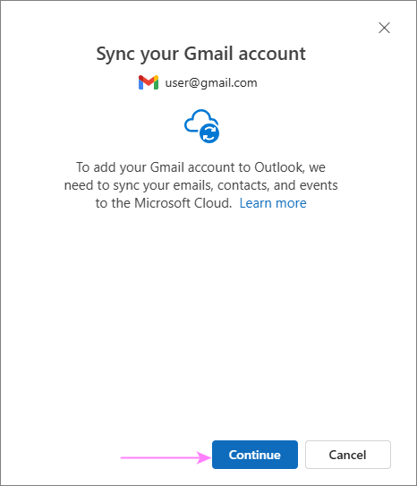 Allow Outlook to sync the Gmail items to the Microsoft Cloud.