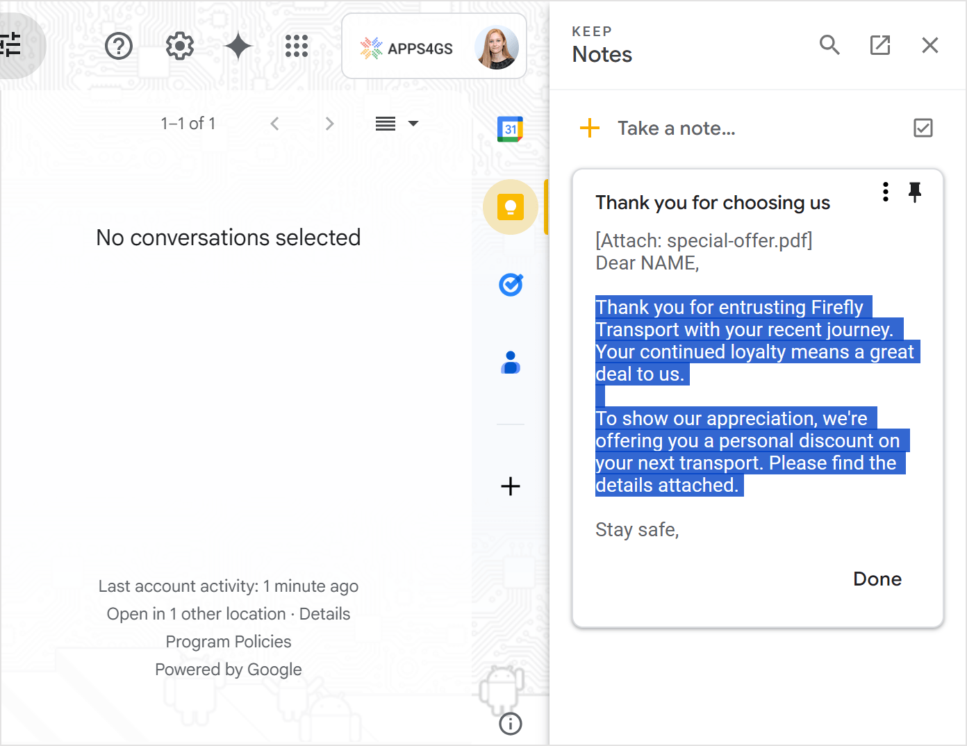 Gmail templates shared via Google Keep.