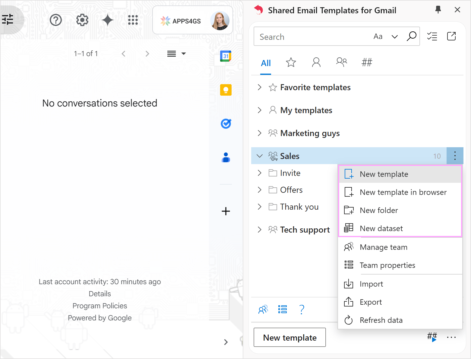 Create new Gmail templates in a shared space