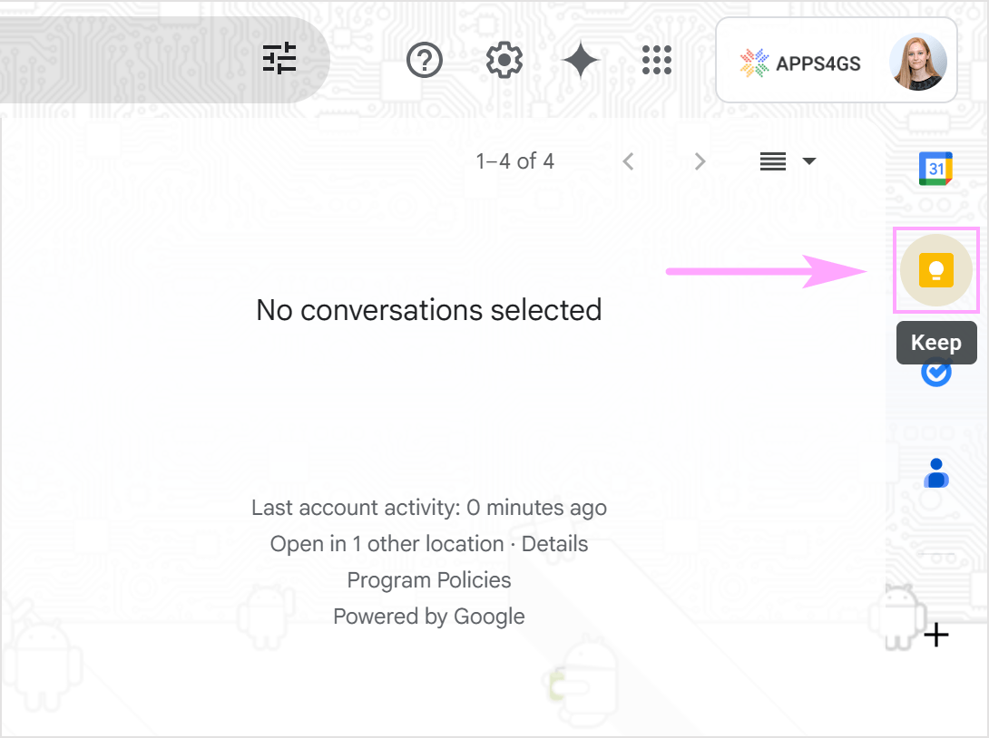 Find the Google Keep button in Gmail.