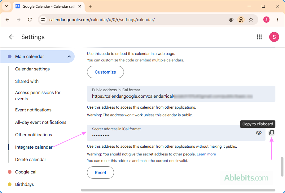 Copy the secret iCal address of the Google Calendar.