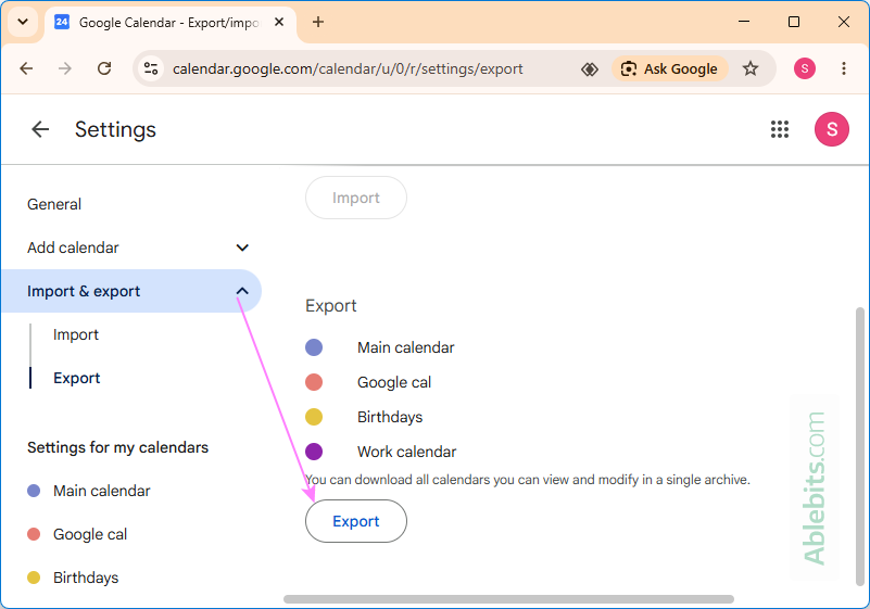 Export Google Calendar data to a ZIP file.
