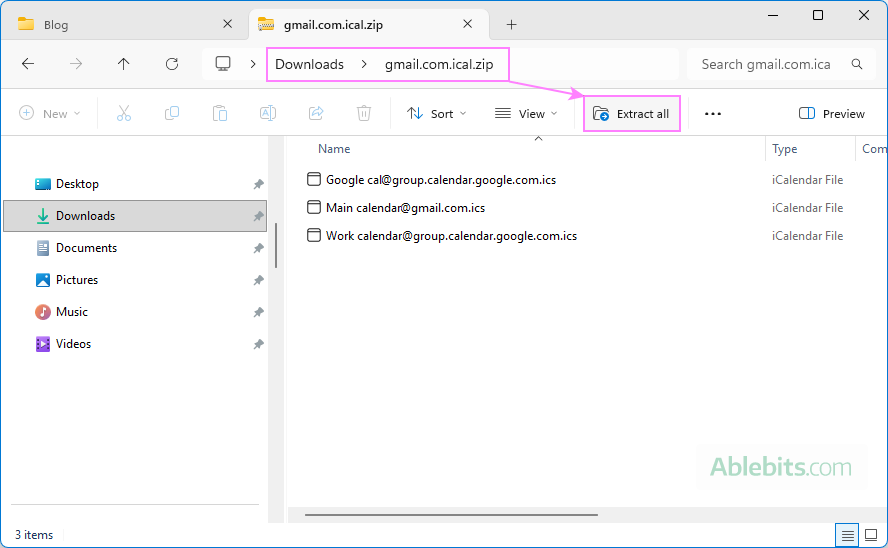 Extract the exported Google Calendar ICS files.
