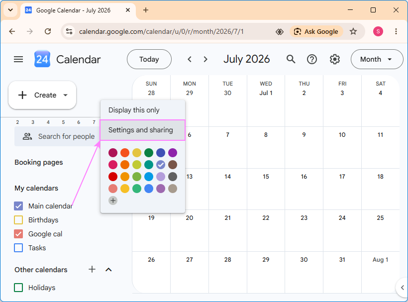Open the settings and sharing options for the selected Google Calendar.