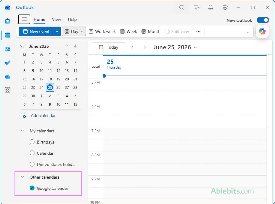 Google Calendar is added to Outlook.