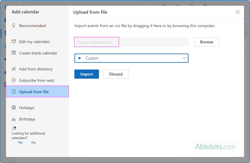 Import Google calendar to Outlook as an ICS file.