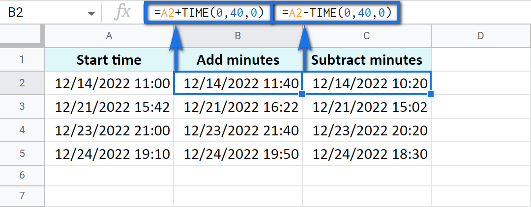 Add and subtract 40 minutes with the TIME function.