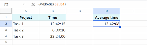 Using the AVERAGE formula to find the mean duration in Google Sheets.