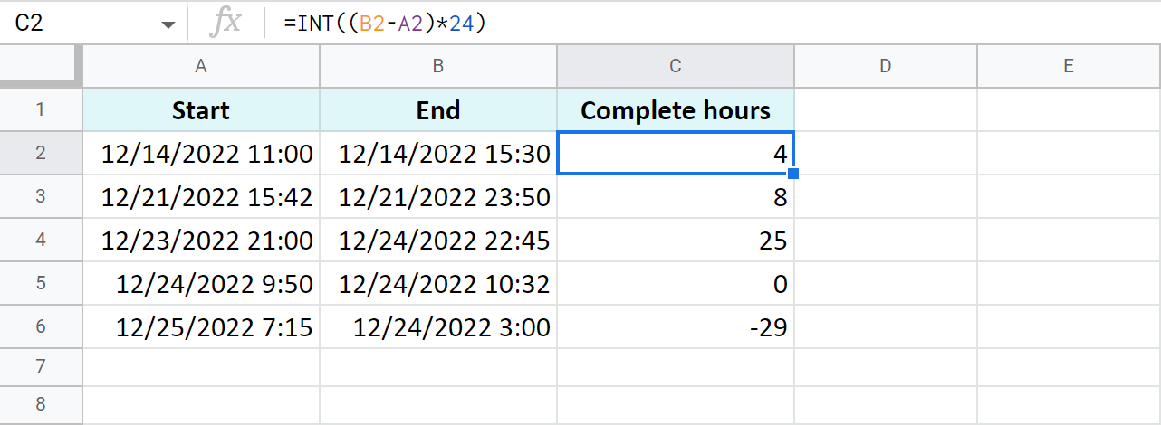 Count complete hours between two dates.
