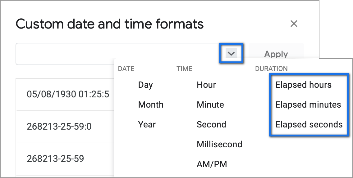 Duration formats in Google Sheets - elapsed time units.