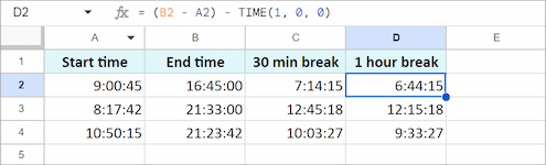 How to subtract a one-hour lunch break from total time in Google Sheets.