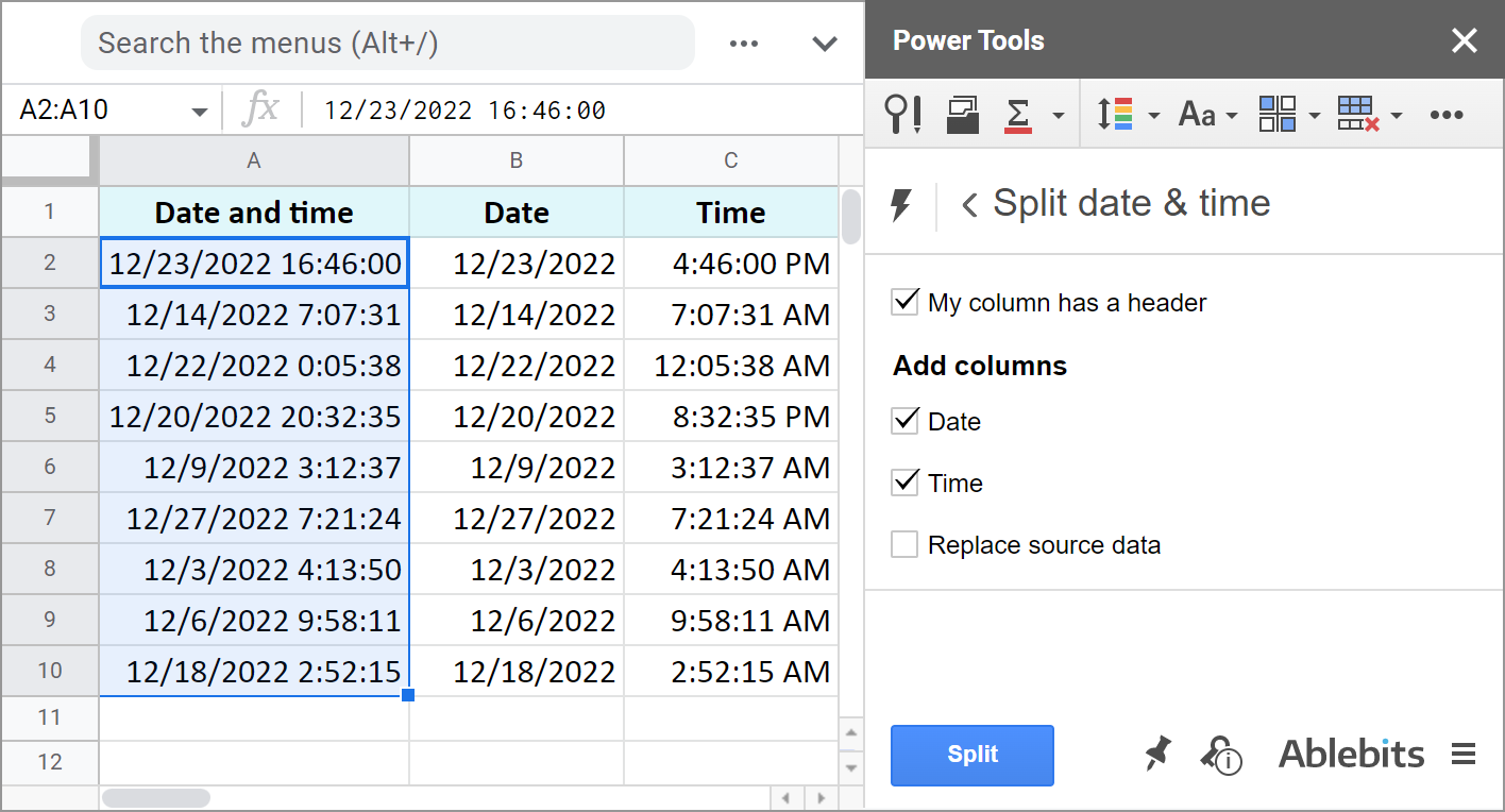 Split Date & Time result.