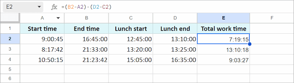 Google Sheets formula to calculate total work hours minus lunch breaks.