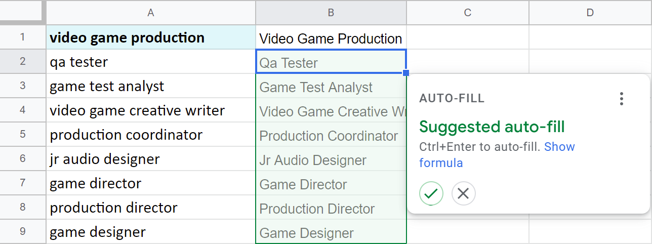 Autofill Google Sheets column with the formula to capitalize each word.