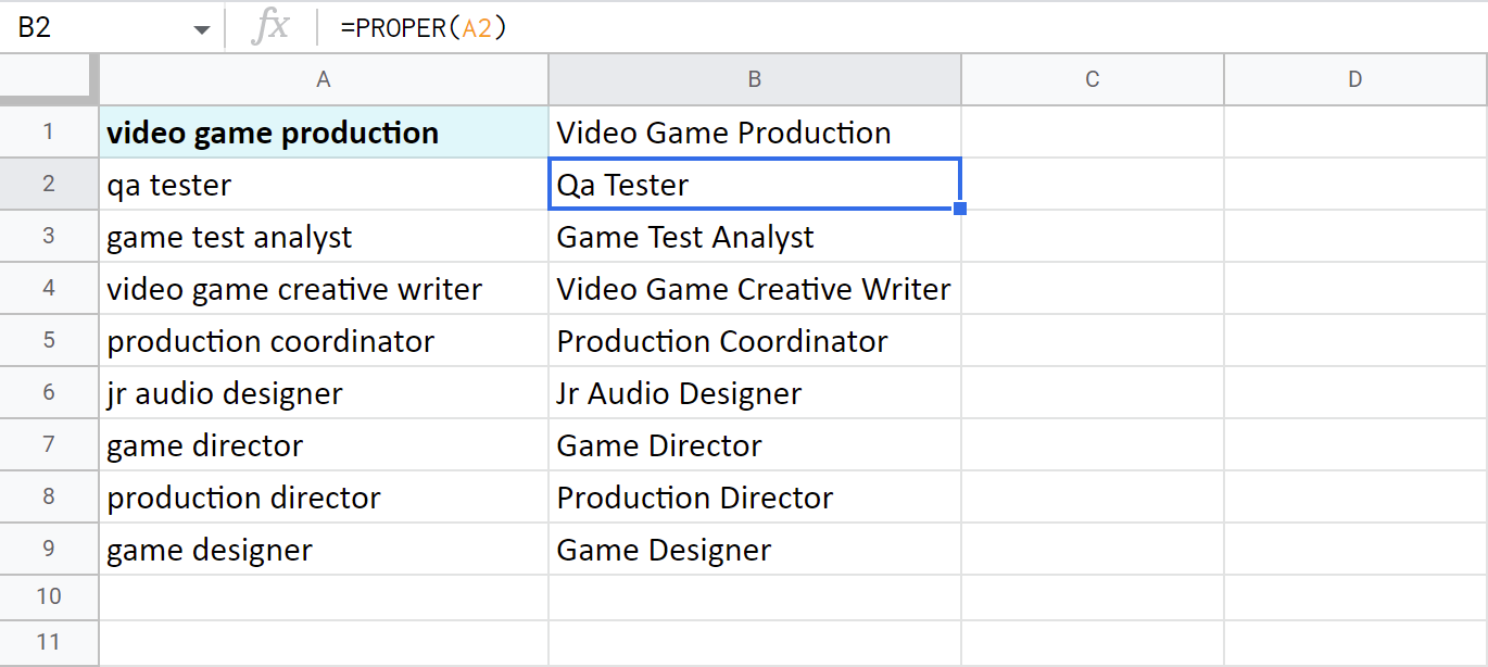 Capitalize all words in Google Sheets.