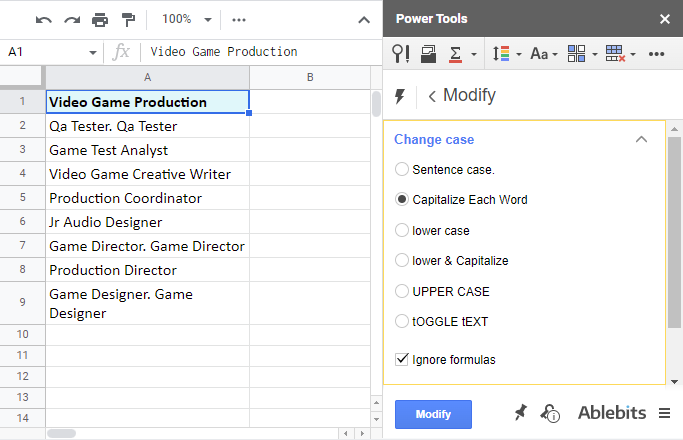 Power Tools and its Change case add-on for Google Sheets.